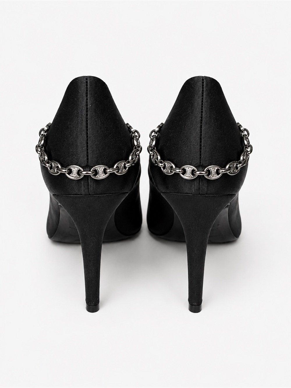 Luxury Celine Black Satin Peep-Toe Stiletto with Silver Chain Accent 36.5 - Picture 4 of 10